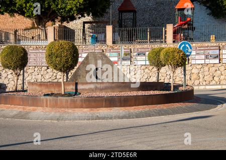 Roundabout with the crescent, representing Islam. On the opposite sides are the Star of David, representing Judaism, and the Christian cross, representing Christianity Frigiliana Plaza de las Tres Culturas Spain Copyright: xKristianxTuxenxLadegaardxBergx IMG 1130 Stock Photo