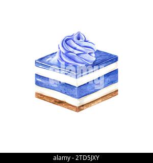 Square cake with berry yoghurt cream. White and blue mousse. Slice of cheesecake, tart. Whipped Cream. Watercolor illustration. For recipe, menu Stock Photo