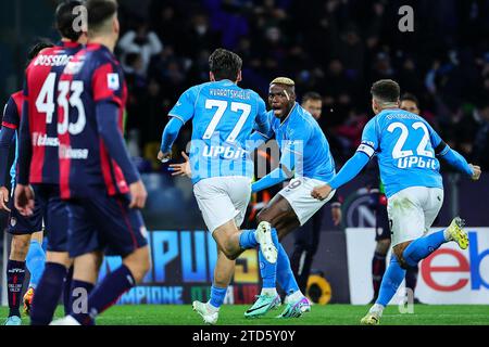 Khvicha Kvaratskhelia of SSC Napoli (l) celebrates with Victor Osimhen and Giovanni Di Lorenzo after scoring the goal of 2-1  during the Serie A football match between SSC Napoli and Cagliari Calcio at Diego Armando Maradona stadium in Naples (Italy), December 16th, 2023. Stock Photo