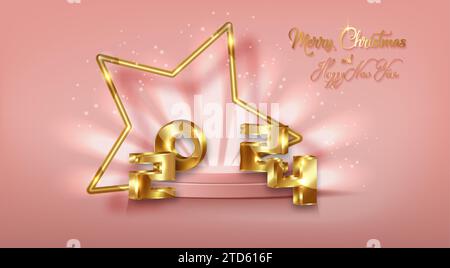 2024 golden 3D numbers Merry Christmas and Happy New Year banner with gold star frame in 3d platform studio display. Fashion Pedestal floor. Luxury Stock Vector