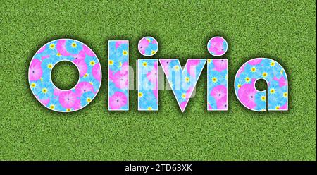 one of the ten most popular girls' first names in the USA, 2023, written with flowers in baby colours, pink and light blue, on a green background Stock Photo