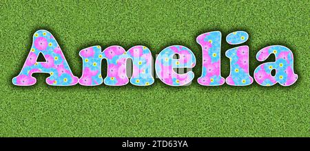 Amelia, one of the ten most popular girls' first names in the USA, 2023, written with flowers in baby colours, pink and light blue, on a green backgro Stock Photo