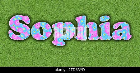 Sophia, one of the ten most popular girls' first names in the USA, 2023, written with flowers in baby colours, pink and light blue, on a green backgro Stock Photo