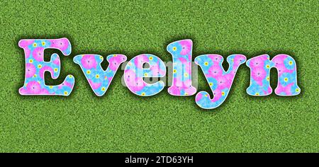 Evelyn, one of the ten most popular girls' first names in the USA, 2023, written with flowers in baby colours, pink and light blue, on a green backgro Stock Photo