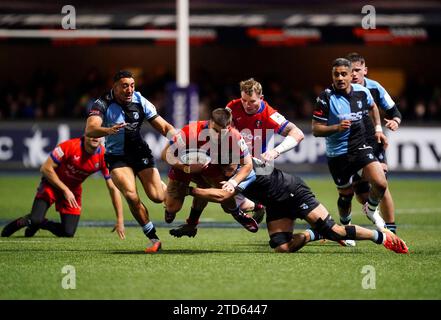 Bath Rugby's Cameron Redpath is tackled by Exeter Chief's Joe Hawkins ...