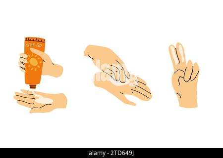 Set of woman hands with light cream for protection skin from sun. Vector illustration isolated. Can used for cosmetic background.  Stock Vector