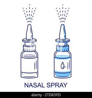 Nasal spray medicine bottle for runny nose, allergy rhinitis, pharmacy aerosol, medical drops line icon. Liquid drug for inhale, flu treatment. Vector Stock Vector
