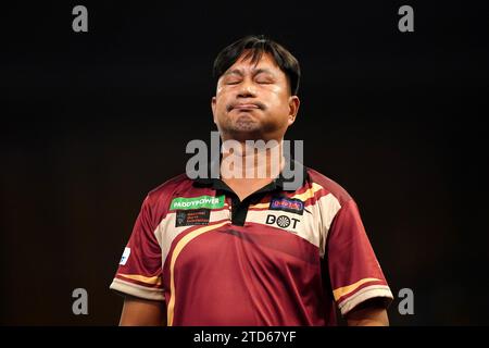 Reynaldo Rivera reacts after his match against Keane Barry (not pictured) on day two of the Paddy Power World Darts Championship at Alexandra Palace, London. Picture date: Saturday December 16, 2023. Stock Photo