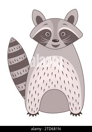 Happy cute raccoon stands and smiles, vector color illustration Stock Vector