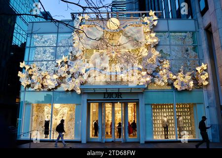 Christmas decorations on Dior store on Fifth avenue and 59th street across from Plaza Hotel in midtown Manhattan, New York Stock Photo