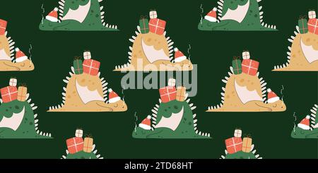 Seamless pattern with hand drawn cartoon sleeping dragon with gift boxes on his back.  Stock Vector