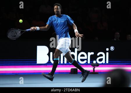 London Docklands, UK. 16th Dec, 2023. London, UK on 16 December 2023. Ga‘l 'La Monf' Monfils returns during his game against Jack 'The Power' Draper during the UTS London Tennis at the ExCel Centre, London Docklands, UK on 16 December 2023. Photo by Joshua Smith. Editorial use only, license required for commercial use. No use in betting, games or a single club/league/player publications. Credit: UK Sports Pics Ltd/Alamy Live News Stock Photo