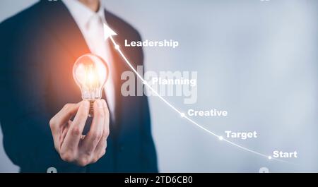 Businessman holding light bulbs, ideas of new ideas with innovative technology and creativity, concept creativity with bulbs that shine glitter, busin Stock Photo