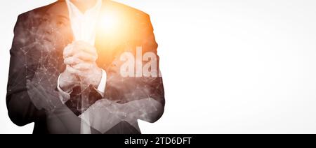 Double exposure of Man with Child and woman praying and worshiping hands in White background, folded hands in prayer concept for faith, spirituality a Stock Photo