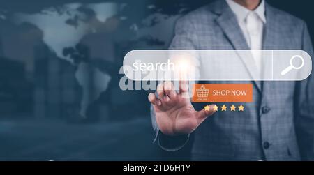 Searching Browsing Internet Data Information with Searching Browsing Internet Data Information with blank search bar. man's hands are using smartphone Stock Photo