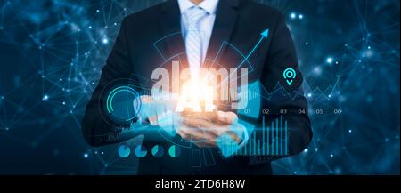 Businessman hold arrow with Artificial Intelligence (AI),on big data network machine learning and data on the dark background, artificial intelligence Stock Photo