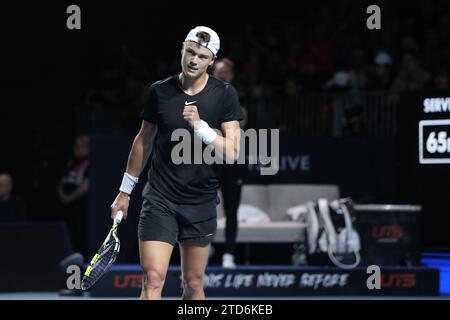 London Docklands, UK. 16th Dec, 2023. London, UK on 16 December 2023. Holger 'The Viking' Rune celebrates during his game against Alexander 'The Bublik Enemy' Bublik during the UTS London Tennis at the ExCel Centre, London Docklands, UK on 16 December 2023. Photo by Joshua Smith. Editorial use only, license required for commercial use. No use in betting, games or a single club/league/player publications. Credit: UK Sports Pics Ltd/Alamy Live News Stock Photo