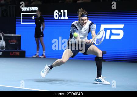 London Docklands, UK. 16th Dec, 2023. London, UK on 16 December 2023. Alexander 'The Bublik Enemy' Bublik returns during his game against Holger 'The Viking' Rune during the UTS London Tennis at the ExCel Centre, London Docklands, UK on 16 December 2023. Photo by Joshua Smith. Editorial use only, license required for commercial use. No use in betting, games or a single club/league/player publications. Credit: UK Sports Pics Ltd/Alamy Live News Stock Photo