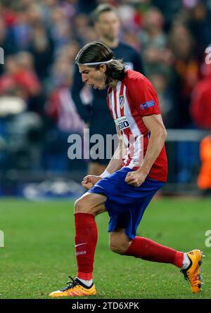 Madrid, 03/15/2016. Second leg match of the round of 16 of the Champions League, deputy at the Vicente Calderón stadium, between Atlético de Madrid and PsV Eindhoven. In the image, Filipe Luis celebrates the goal scored from a penalty. Photo: Ignacio Gil ARCHDC. Credit: Album / Archivo ABC / Ignacio Gil Stock Photo