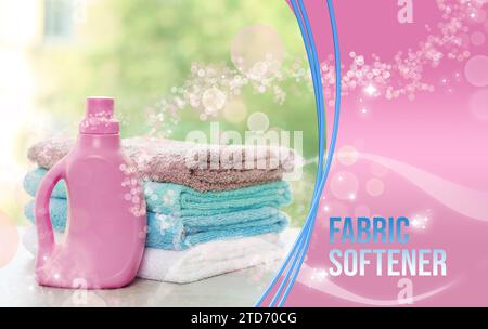 Fabric softener advertising design. Bottle of conditioner and rope with ...