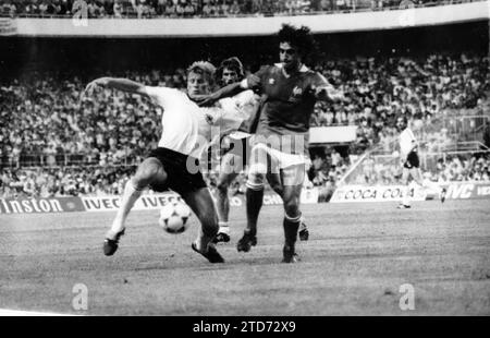 On July 8, 1982, the second Semifinal match of the 82 World Cup between the National Teams of Federal Germany and France was played at the Ramón Sánchez-Pizjuan stadium in Seville. This is one of the Best Matches in the history of the Soccer World Cups. The result was a three-goal draw, after even an extra time was played. In the Penalty Shots, the Germans won 5-4. In the image you can see the French captain, Michel Platini, current president of UEFA. (photo Folded Angel). Credit: Album / Archivo ABC / Ángel Doblado Stock Photo