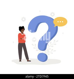 Frequently asked questions concept. African woman with large question mark search for answers. Customer support and online help service. FAQ and Stock Vector
