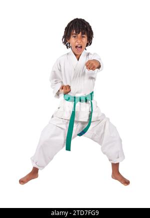 african american boy in karate suit training, uniform karate gi ...