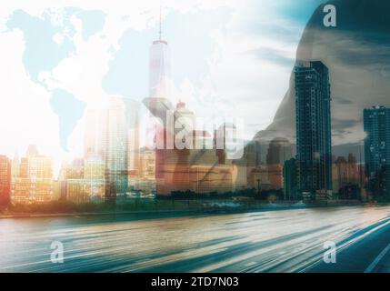 Double exposure image of businessman using mobile smart phone Communication worldwide. Phone Concept and Technology. Stock Photo