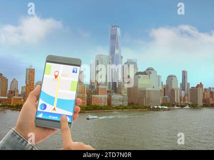 Using the navigation system or GPS smartphone mobile phone to navigate to your destination. Stock Photo