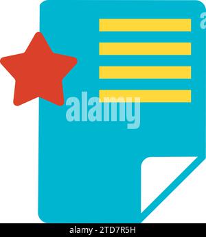Adding favorites information. Document with star flat symbol, business process organization symbol. Simple flat color icon isolated on white backgroun Stock Vector