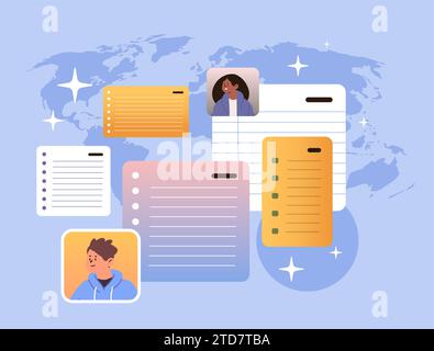 mix race students taking notes and organizing personal information in student to do list university software education day e-learning Stock Vector