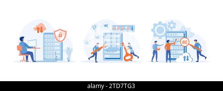 Server maintenance support. Server Security. Team doing maintenance and repairs on a server device. Server maintenance set flat vector modern illustra Stock Vector