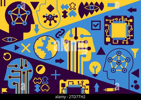 Artificial Intelligence Pop Art poster in gold blue colors with abstract image of robot head with microcircuits and interaction interface. Template fo Stock Vector