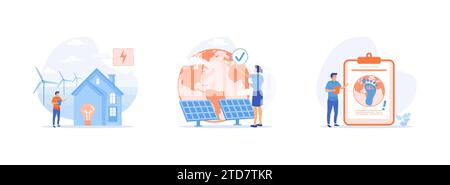 Energy efficiency in household and industry. People using green electricity, windmills and solar panels. Energy efficiency set flat vector modern illu Stock Vector