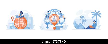 freelance remote work and global outsourcing, Digital nomad, Online modern communication technology. Work from anywhere set flat vector modern illustr Stock Vector