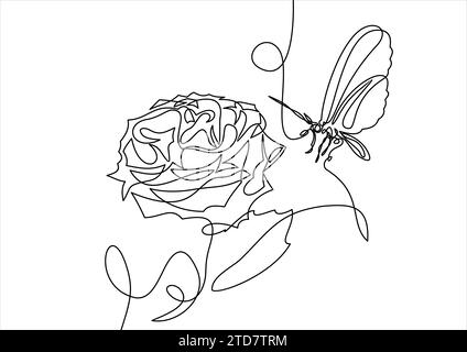 butterfly on rose.Continuous one line Stock Vector