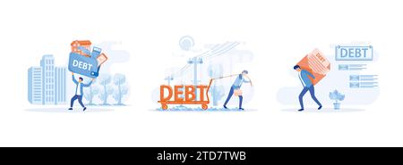 Businessman carrying heavy debt burden, sweating and pulling Man in suit. Debt burden set flat vector modern illustration Stock Vector