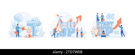 Start up green business growth concept. Business start up work moments. New ideas, search for investor, increased profits. Business start up set flat Stock Vector