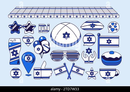 Set of festive elements, attributes of Israel Jewish Holidays. Star of David, balloons, drink glass, Israel flag, national headdress, star sunglasses. Stock Vector