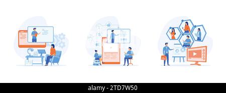 education concept, tutorial podcast and business coaching concept, for web design, banner, mobile app, landing page, vector flat design. Online educat Stock Vector