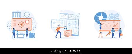 Data Scientist, looking and interacting with virtual dashboard to analyze data, big data science analysis. Data Scientist set flat vector modern illus Stock Vector