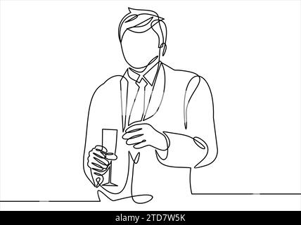 successful businessman holding a glass of champagne- continuous line drawing Stock Vector