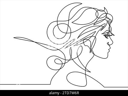 Continuous one line drawing. Abstract portrait of romantic woman face. Vector illustration. Stock Vector