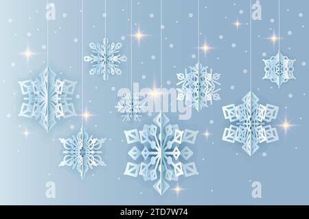 Origami snowflakes cut out of paper hang as decoration on blue frosty ice background. Cold New Year illustration with falling snow and sparkling stars Stock Vector