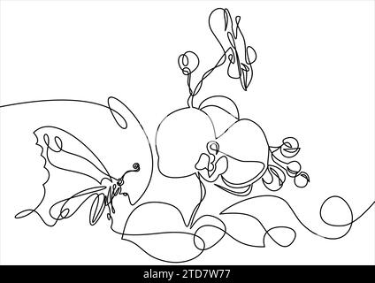 Nature spring flower with butterfly. Vector illustration.Continuous one line Stock Vector