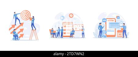 Business development and career growth, business team working, digital mobile application development and design process. Business development set fla Stock Vector