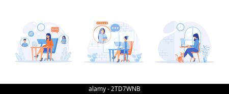 Home office concept. Woman Working at Home Office. Woman working from home and talking with colleagues online. Home Office set flat vector modern illu Stock Vector