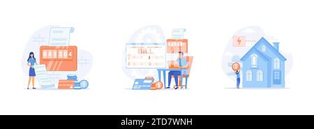 Energy efficiency in household and industry. Person checks heating meter and calculates household utility bill. Energy efficiency set flat vector mode Stock Vector