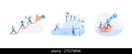 Business people walking up on increase chart line. Leadership and teamwork. Businessman Leader looking through a telescope. Leadership set flat vector Stock Vector