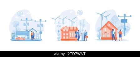 Eco house, Happy People Buying new Home, with Real Estate Agent Presenting Modern House to the Clients. Ecology Green Energy. Eco house set flat vecto Stock Vector